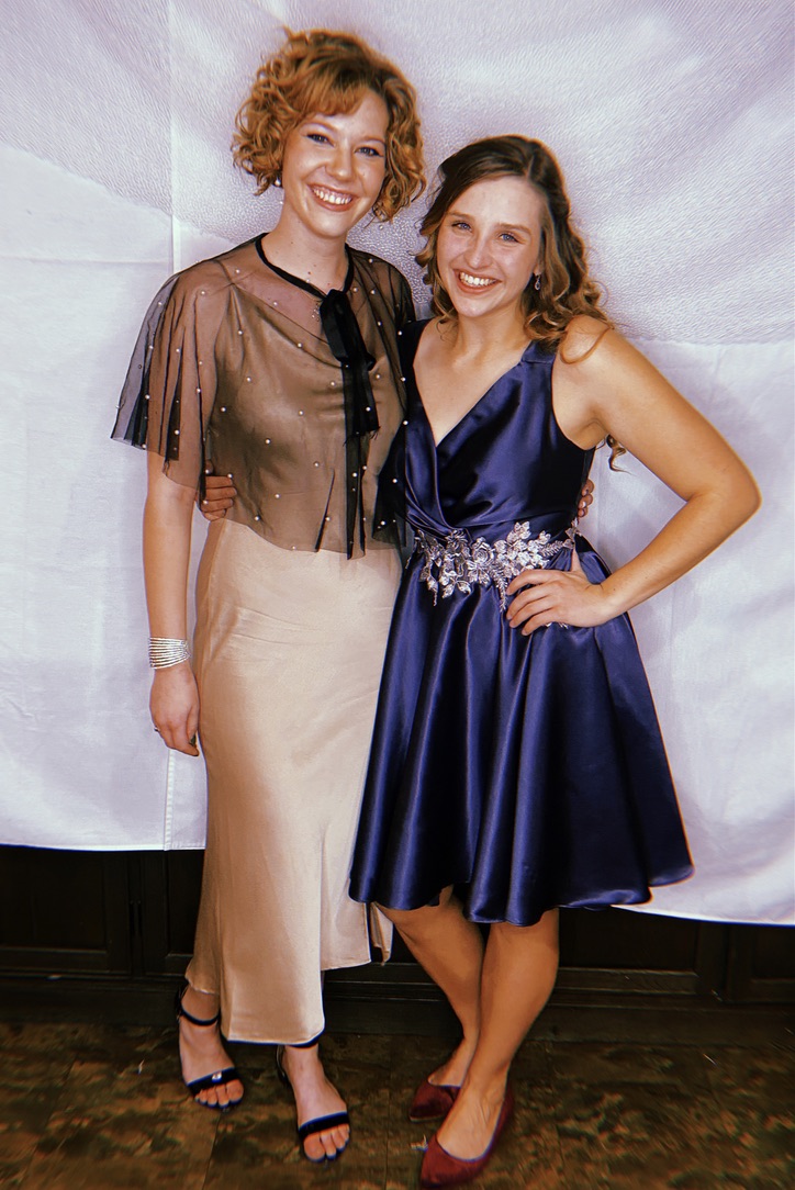 Ione with prom client in formal dresses